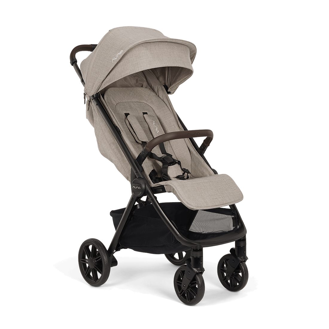 Nuna Trvl Urbn compact stroller in Chateau warm taupe-beige, studio angle view