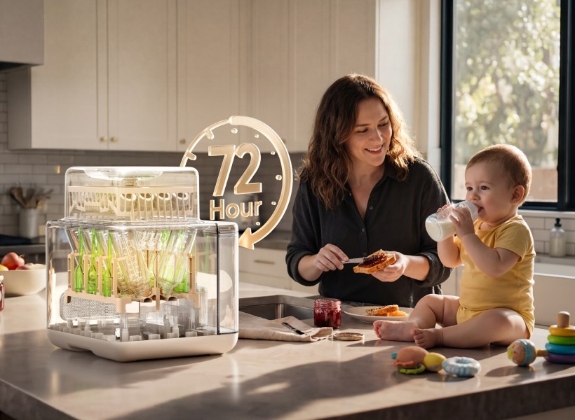 A parent using the eufy Bottle Washer in a bright kitchen with their toddler
