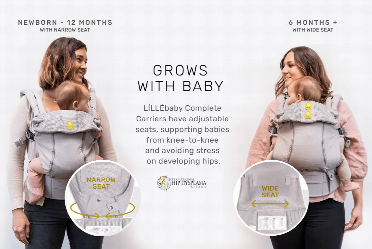LILLEbaby complete carriers have adjustable seats, supporting babies from knee-to-knee and avoiding stress on developing hips