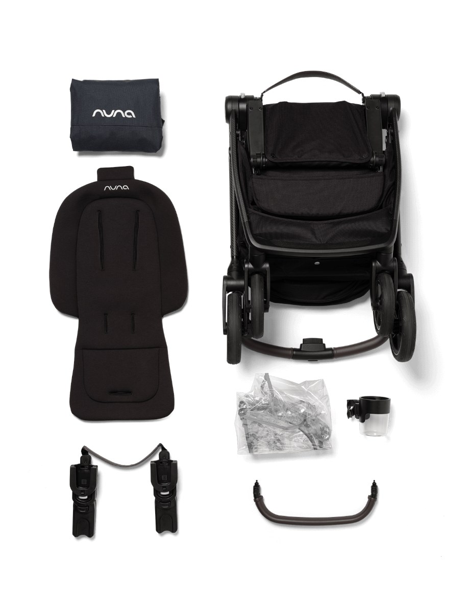 Nuna SWIV included accessories — cup holder, rain cover, carry bag, adaptor