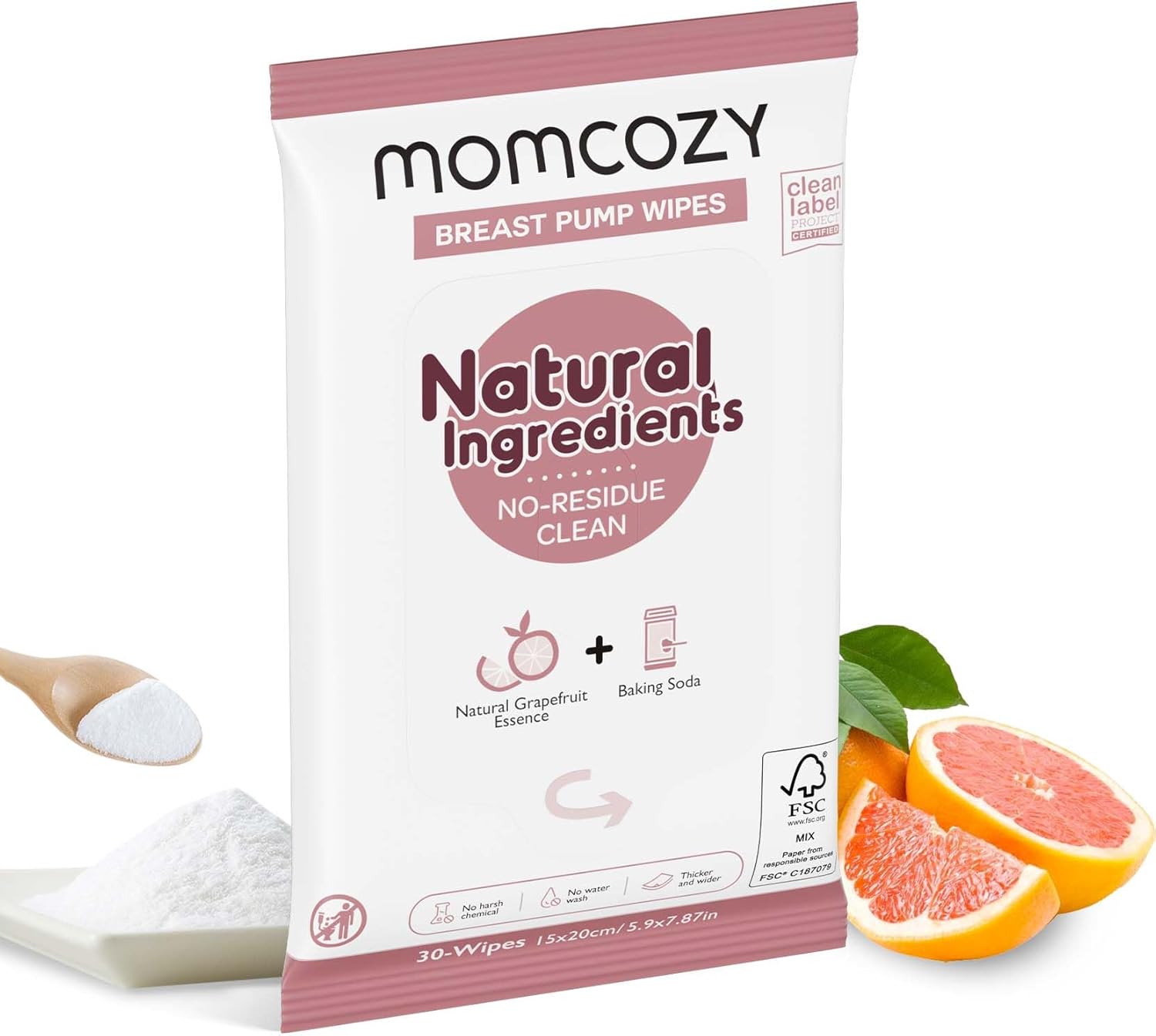 Momcozy Natural Breast Pump Wipes Grapefruit Essence Cleaning 30 Count