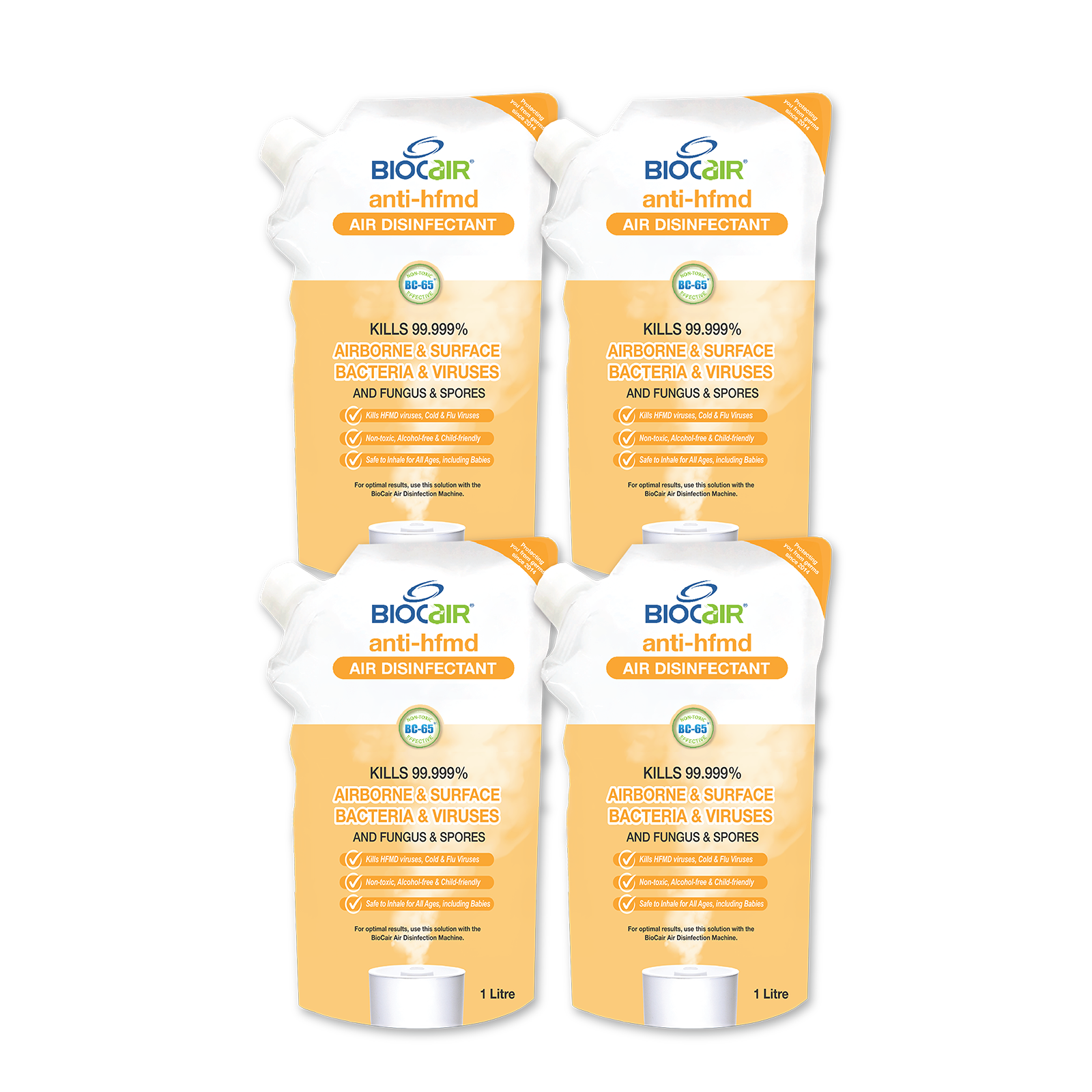 BioCair Anti-HFMD BioActive Air Purifying Solution, 1 Litre, 4-Pack