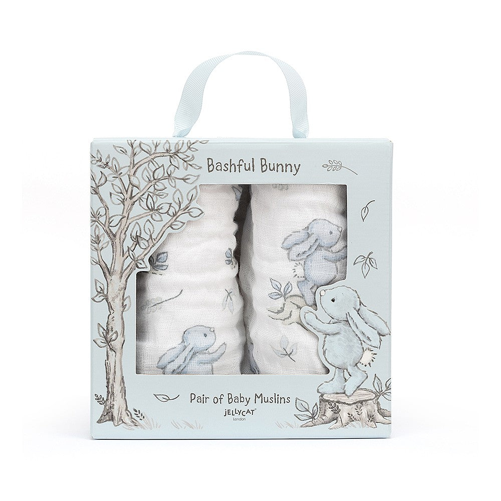 JellyCat Bashful Blue Bunny Pair Of Muslins