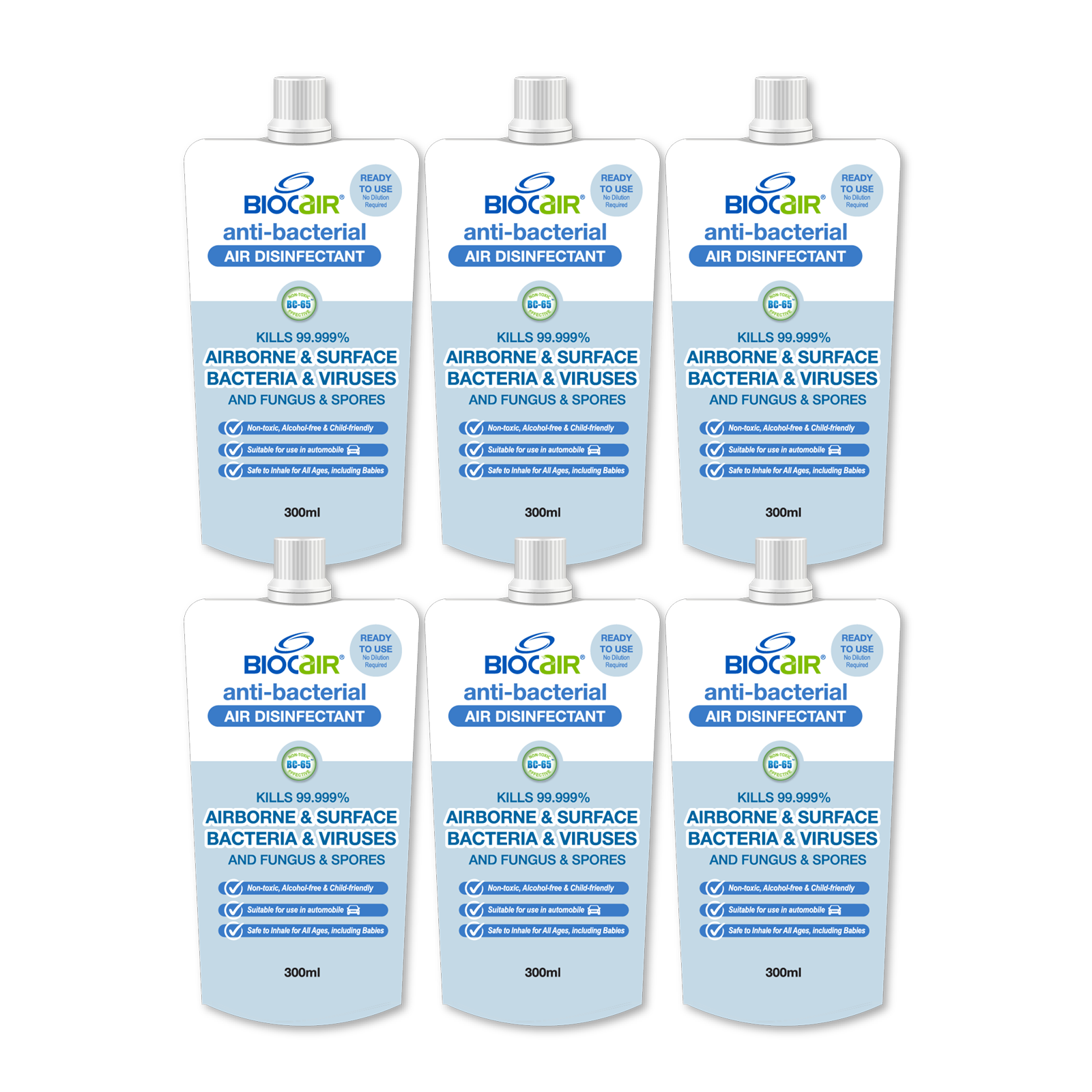 BioCair Anti-Bacterial Disinfectant Air Purifying Solution, 300ml, 6-Pack