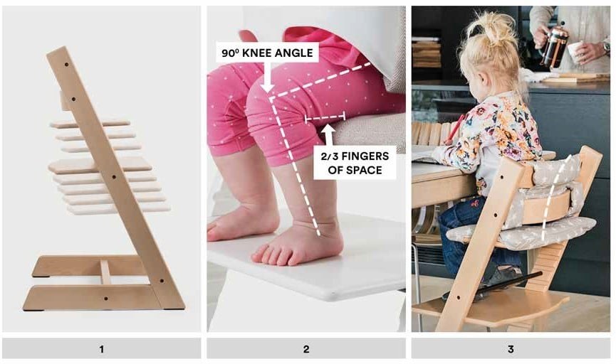 How to set the Tripp Trapp: the seat and footplate slide along the frame, knees bend at 90 degrees with two or three fingers of space behind them, and the seat sits at table height